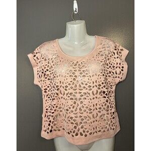 Dotti Blouse Womens XS Pink Laser Cut Floral Cutout Cropped Sheer Top Blouse